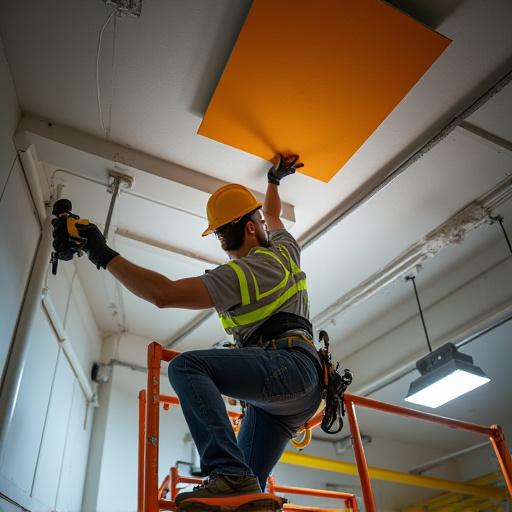 Techniker installiert Akustikelemente an der Decke