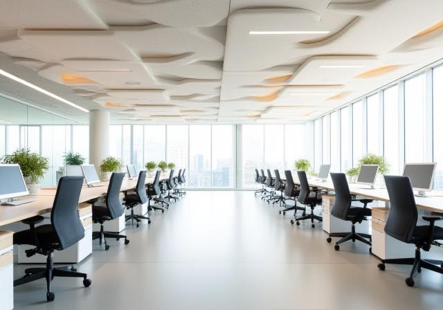 Großraumbüro in Frankfurt mit schallabsorbierenden Elementen an der Decke